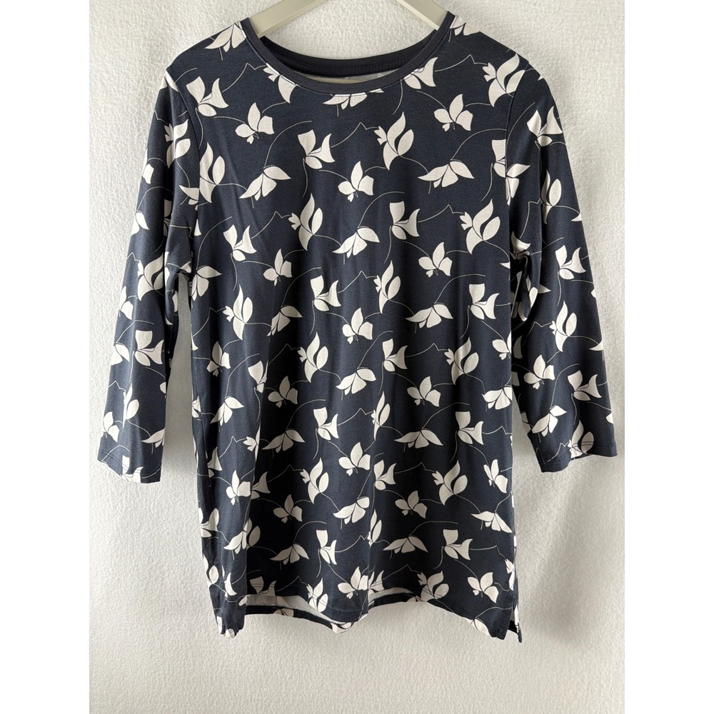 Lands End Black White Floral Abstract Supima Cotton 3/4 Sleeve Top Small